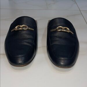 Women’s Coach Black Leather Loafers with Gold-Toned Logo Detail Size 10
